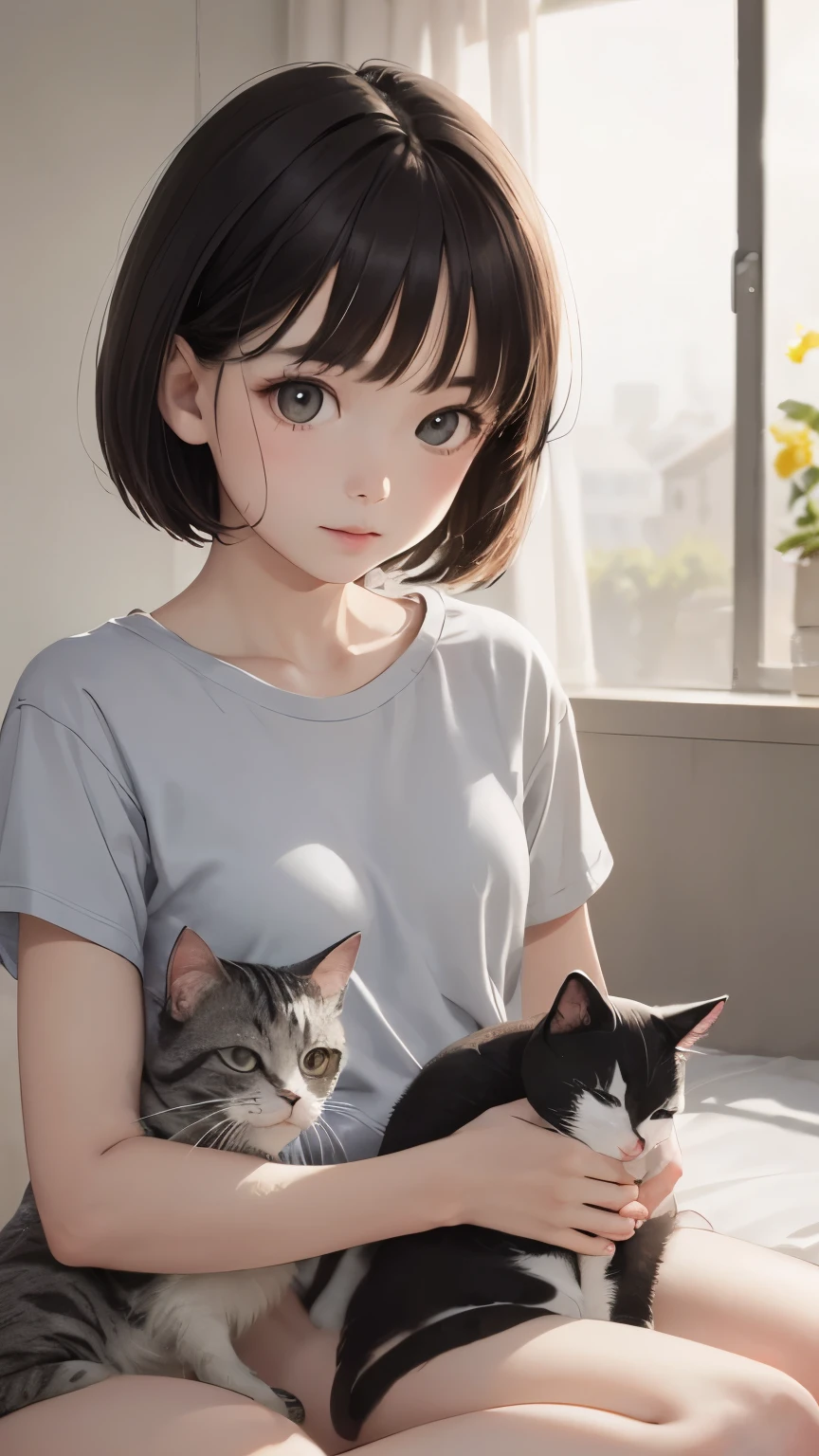 Highest quality、masterpiece、Ultra-high resolution、Girl playing with cat、************:1.37,Baby Face、 Brown Hair、Shortcuts、Short Bob、Gray eyes、Small breasts、White T-shirt、gray sweatshirt、 Three-haired cat、Amazing cat、Realistic、Natural light、Children&#39;s room、