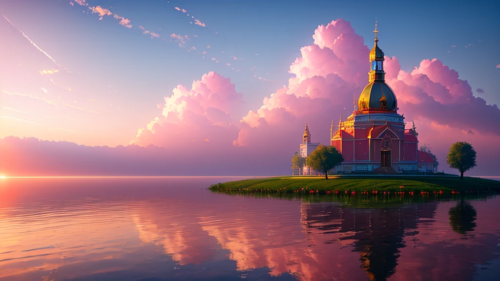 Golden roses were blooming in the sky at dawn, pink clouds were floating, and there was a church on the ground,ultra-realistic,by Ivan Aivazovsky ,in volumetric lighting, Trending on artstation