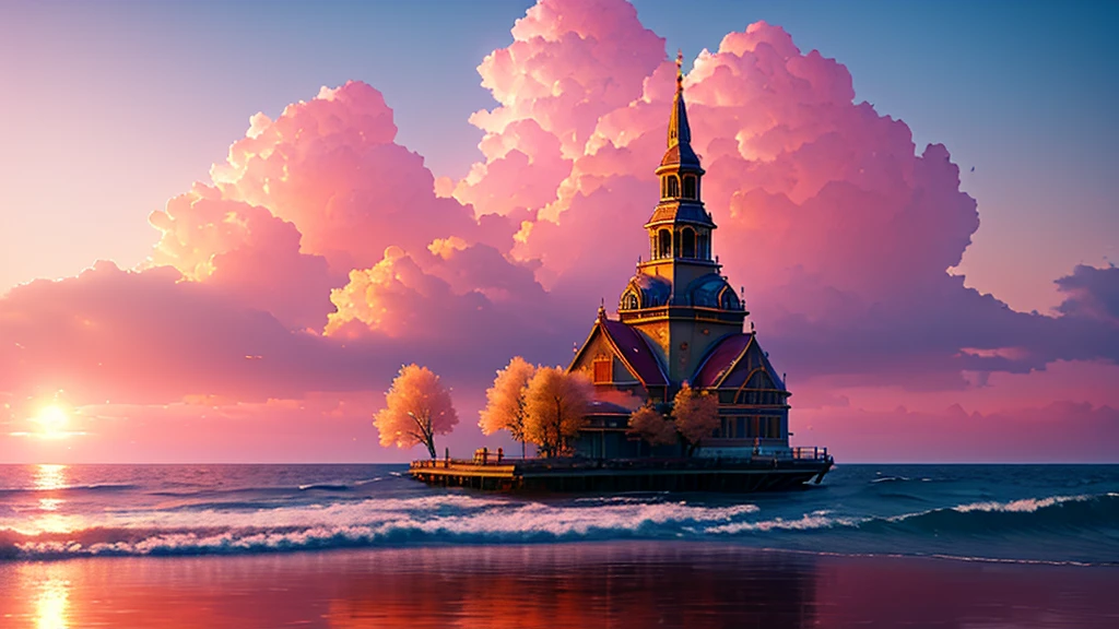 Golden roses were blooming in the sky at dawn, pink clouds were floating, and there was a church on the ground,ultra-realistic,by Ivan Aivazovsky ,in volumetric lighting, Trending on artstation