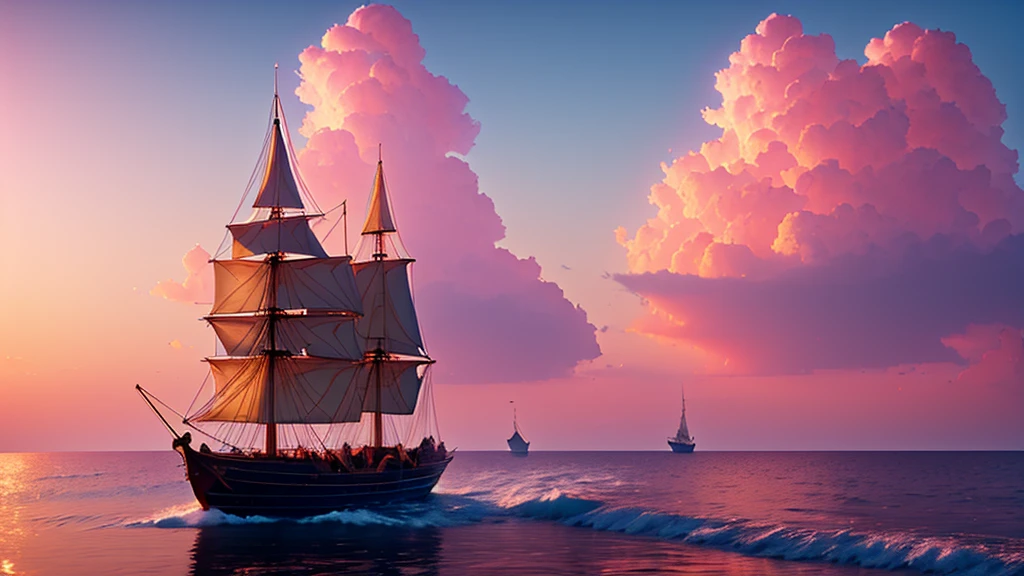 Golden roses were blooming in the sky at dawn, pink clouds were floating, and there was a church on the ground,ultra-realistic,by Ivan Aivazovsky ,in volumetric lighting, Trending on artstation