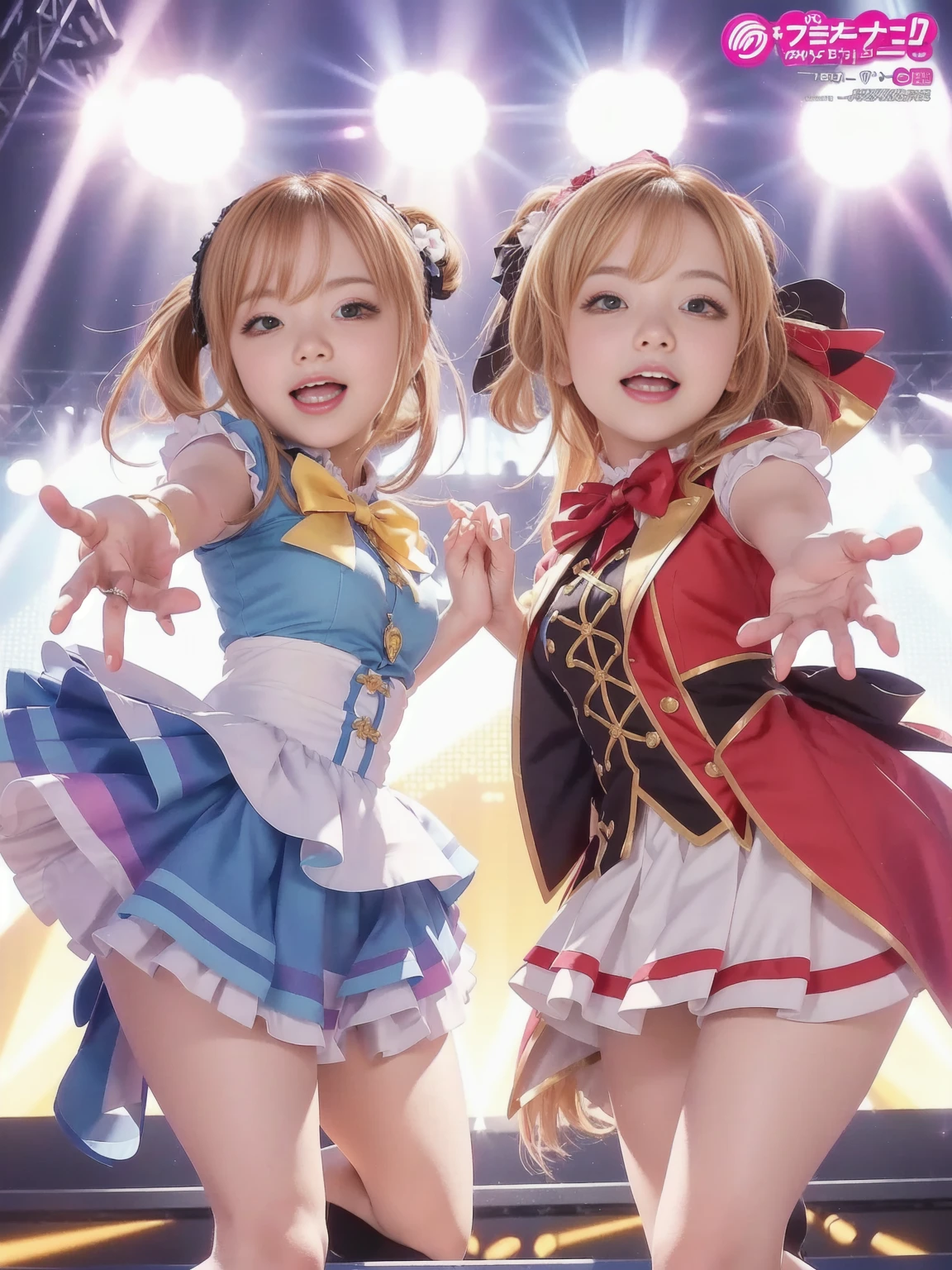 anime girls in maid uniforms posing for a picture in front of a stage, hololive, happy!!!, official artwork, hq artwork, official anime artwork, high detailed official artwork, idolmaster, rin, twintails, splash art anime , official art, alicization, portrait!!, 8k!, promo art, anime! 4k, anime! 4 k
