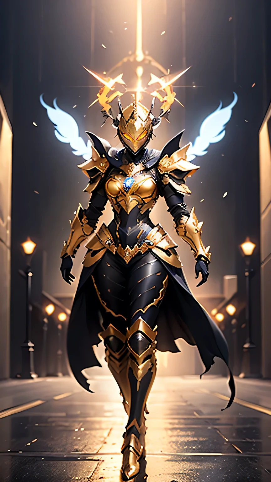 A woman adorned in fantasy-style full-body armor, a crown-concept fully enclosed helmet that unveils only her eyes, a composite layered chest plate, fully encompassing shoulder and hand guards, a lightweight waist armor, form-fitting shin guards, the overall design is heavy-duty yet flexible, (the armor gleams with a golden glow, complemented by red and blue accents), exhibiting a noble aura, she floats above a fantasy-surreal high-tech city, this character embodies a finely crafted fantasy-surreal style armored hero in anime style, exquisite and mature manga art style, (mixture of Queen bee and Spider concept Armor, plasma), ((Element, elegant, goddess, femminine:1.5)), metallic, high definition, best quality, highres, ultra-detailed, ultra-fine painting, extremely delicate, professional, anatomically correct, symmetrical face, extremely detailed eyes and face, high quality eyes, creativity, RAW photo, UHD, 32k, Natural light, cinematic lighting, masterpiece-anatomy-perfect, masterpiece:1.5