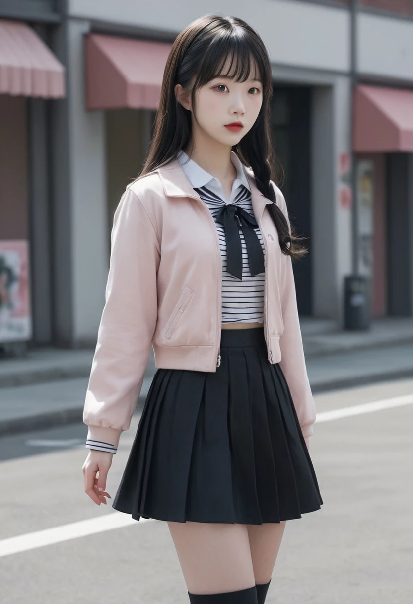 top quality, Photorealistic, 8 k, A high resolution, Chinese American, with bangs, Hair gathered, on-ear headphones, jacket with black and white stripes, long black skirt, lolita shoes, Bruce Wayne's daughter