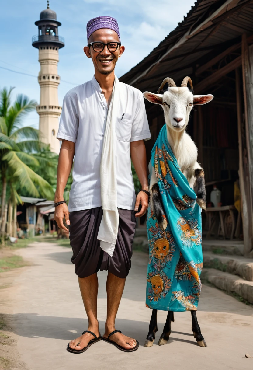 Realistic caricature with a big head, an Indonesian man wearing glasses wearing a sarong, skullcap, flip-flops, clean face standing [namaste hands] side by side with a male Etawa goat, the location of a cool village, visible is a village mosque.