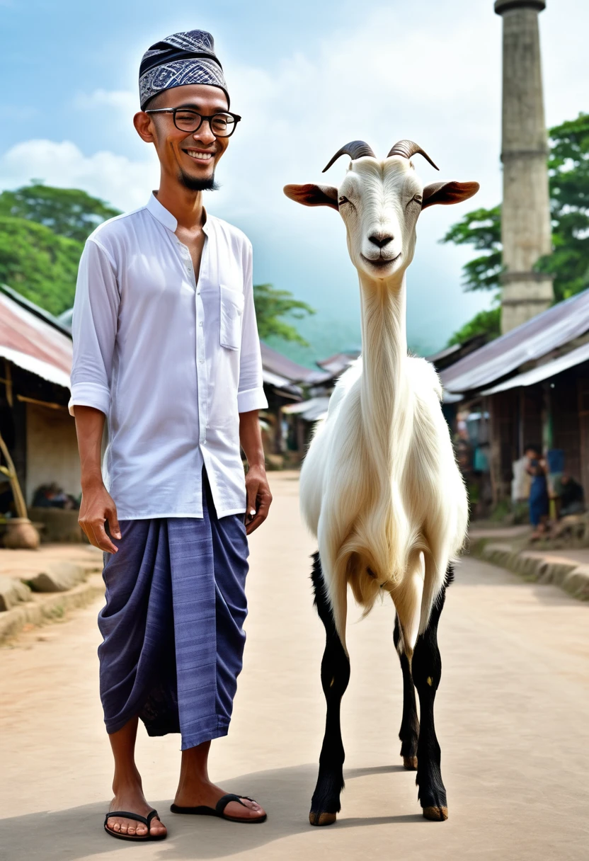 Realistic caricature with a big head, an Indonesian man wearing glasses wearing a sarong, skullcap, flip-flops, clean face standing [namaste hands] side by side with a male Etawa goat, the location of a cool village, visible is a village mosque.