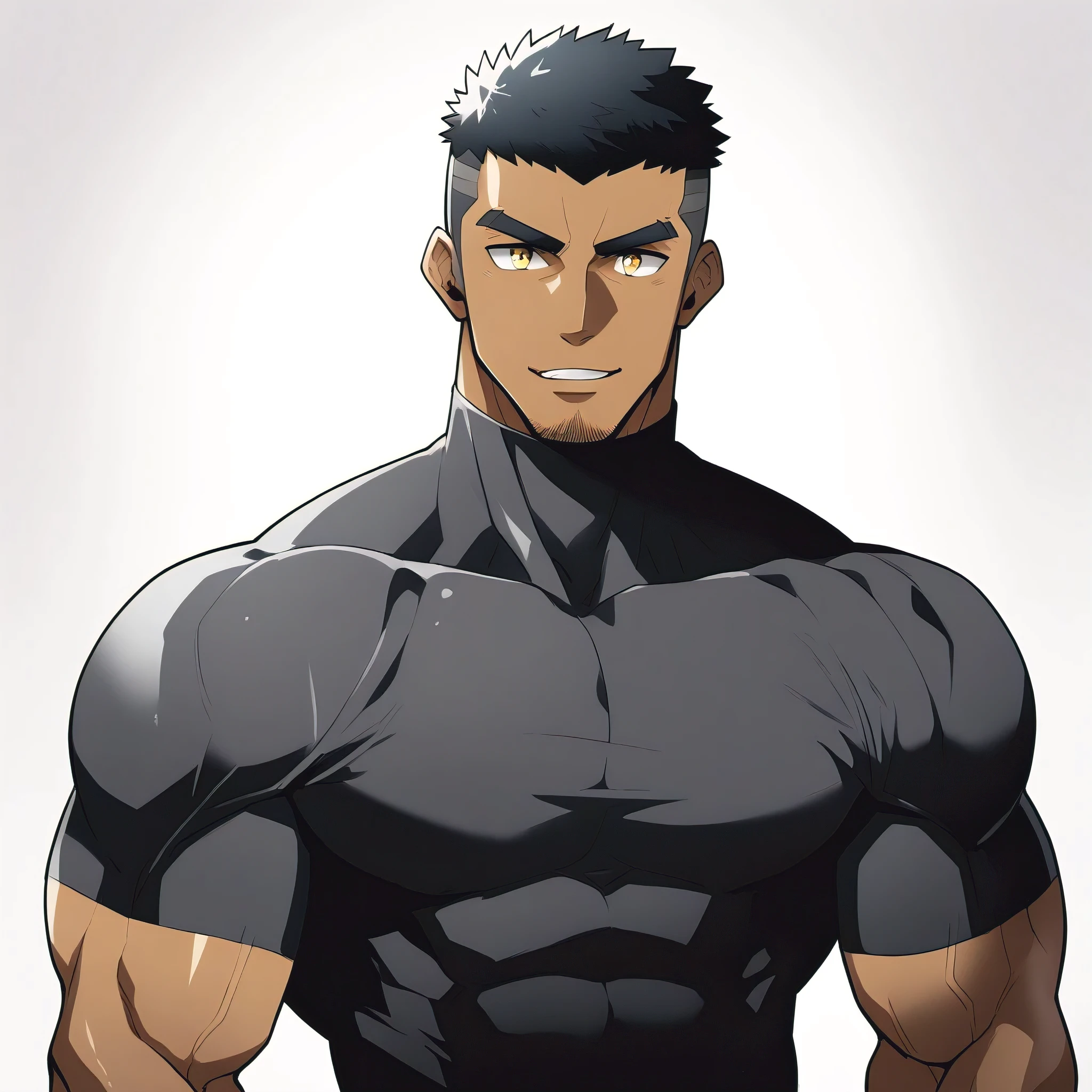 one negro, anime characters：Gyee, Hibino Kafka, Muscle Sports Student, negro black skin, Very Black, muscular tough guy, Manliness, male focus, Dark grey turtleneck tight T-shirt, Regular symmetrical pattern, Very tight, muscular male, muscular, only, Upper body, alone, Black short hair, Thick eyebrows, stubble, Yellow eyes, White background, simple background, amazing quality, best aesthetics, Ridiculous, bright pupils, crew cut, parted lips, seductive smile, torogao, naughty face, best quality