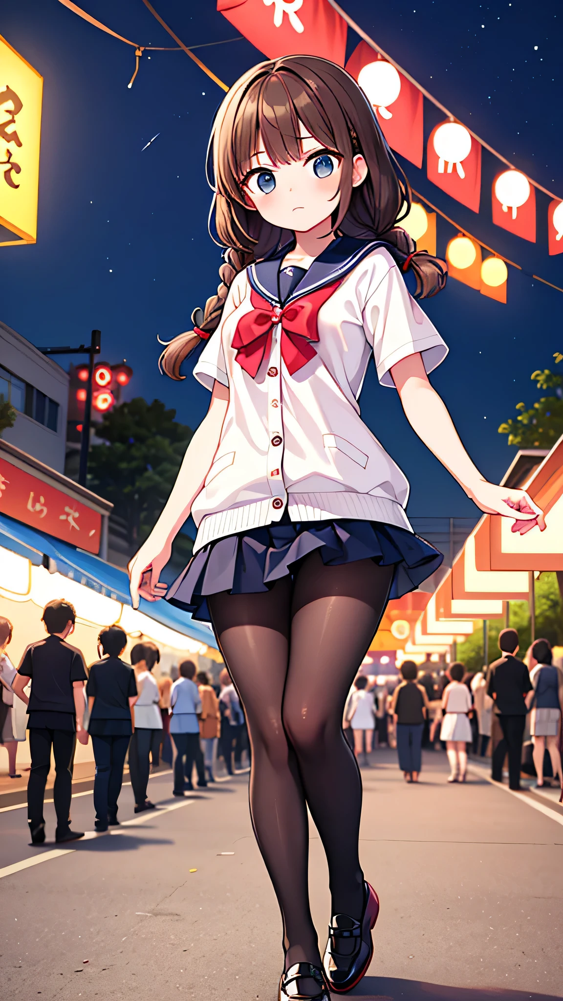 {Highest quality], [Super beautiful], [Ultra fine], [Best illustration], NSFW,Brown Hair,Hime cut,Braid,Clear,With bangs, girl,Sailor suit,knit cardigan,Short sleeve,skirt,Slender women,walk,(Public),Night Park,Summer festival,diagonal,black tights,Black loafa,I was upset