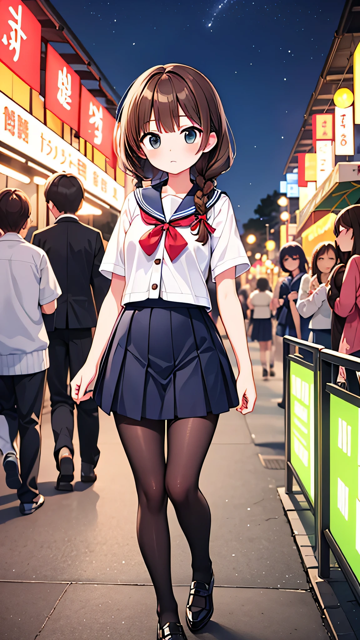 {Highest quality], [Super beautiful], [Ultra fine], [Best illustration], NSFW,Brown Hair,Hime cut,Braid,Clear,With bangs, girl,Sailor suit,knit cardigan,Short sleeve,skirt,Slender women,walk,(Public),Night Park,Summer festival,diagonal,black tights,Black loafa,I was upset