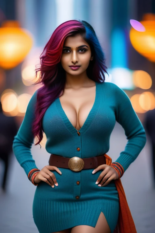 cinematic photo 24 yo Indian woman, elegant knitted outfit, colourful hair, medium length hair, intense detailed eyes, wide belt, standing, city, bokeh, big breasts, micro waist, .35mm photograph, film, bokeh, professional, 4k, highly detailed, Fujifilm XT3 sharp focus, f 5.6, High Detail, Sharp focus, dramatic, interstellar, film grain, Surrealism