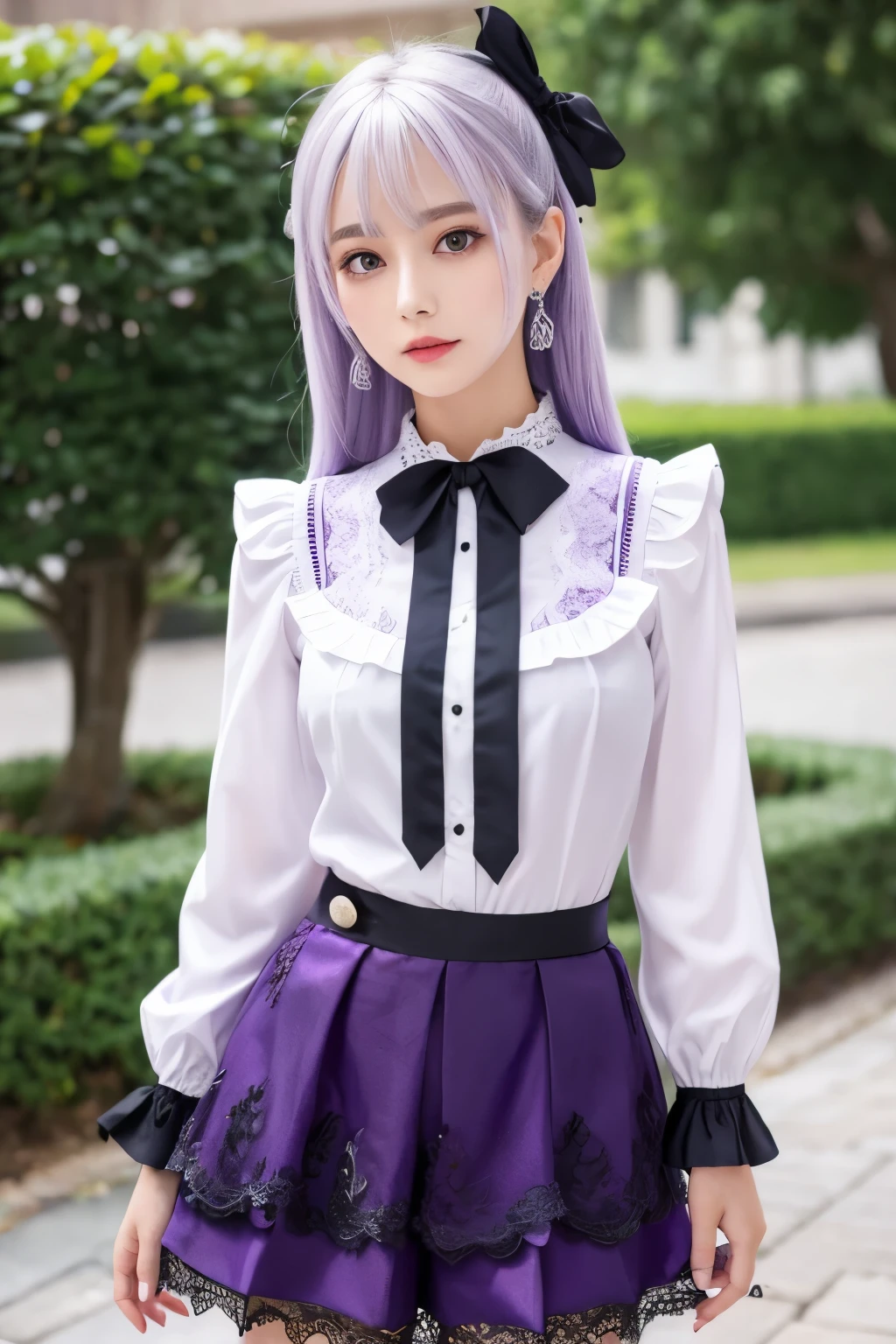 Purple eyes White hair Tops - **Black and purple ruffled blouse**: - Long sleeves with ribbon at the cuffs。 - The front is lined with lace and buttons.。 ### Bottoms - **Black ruffle skirt**: - Multiple ruffles on the design、Lace trim at the hem of the skirt。 - A white petticoat is slightly visible under the skirt。 ### accessories - **Ribbon Headdress**: - Head dress decorated with black lace and ribbon。 - The head dress is also decorated with a small purple rose.。 - **Lace choker**: - 黒いLace chokerで、There is a small purple pendant in the center.。 ### Footwear - **Lace-up boots**: - Knee-length boots made of black leather。 - Purple ribbon lace-up design on the front of the boots。 ### others - **Lace gloves**: - 黒いLace glovesで、Open fingertip design。 - **Small cloak**: - 黒のベロア生地で作られた肩に掛けるSmall cloak。 - The cloak has purple lace around the edges。
