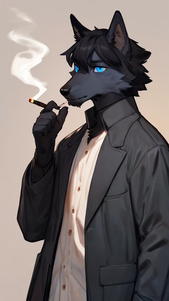 ((By Bebebebebe, by Lostgoose, by Goonie-san,, detailed anatomy, detailed eyes, detailed body, detailed face, best quality, high resolution)), 1Male, adult body, wolf, grey furs body, black small hair bangs, black beard, glowing blue eyes, tired eyes, tail, thin body, white jacket, black overcoat, smoking cigarette, focus on face, on the night park