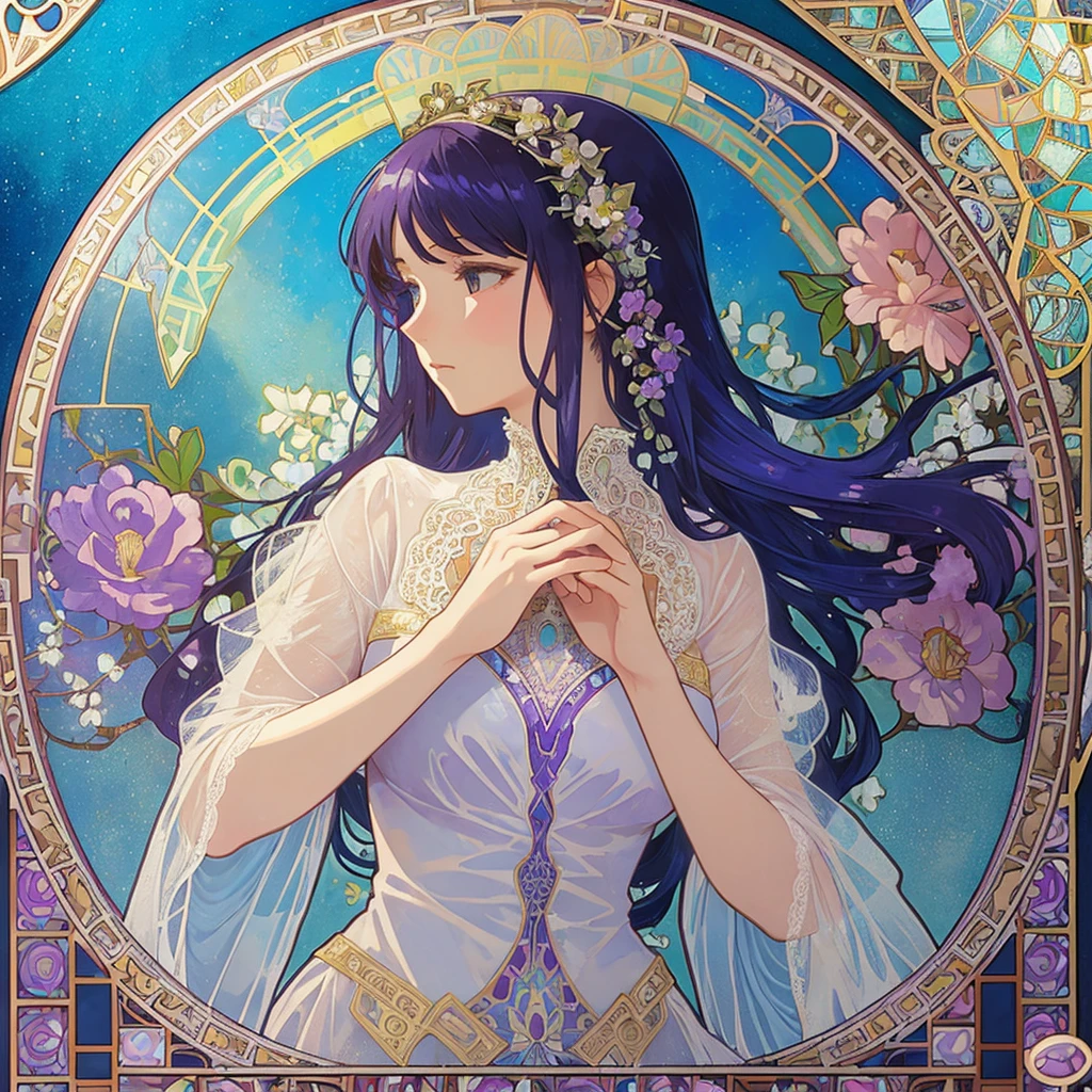 (((1 girl ))), masterpiece, highest quality, beautifully、aesthetic: 1.2, gem, Quality lace, Detailed frame, Flowers, water, A beautiful girl fits into the frame, Transparent and beautiful stained glass background, mosaic mura, rainbow hair, bubbles, profile, (Alphonse Mucha Style),