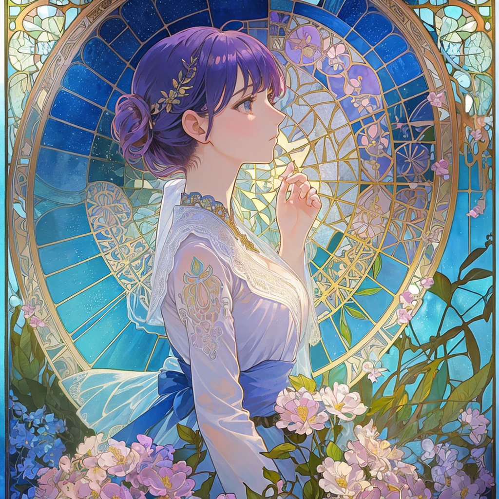 (((1 girl ))), masterpiece, highest quality, beautifully、aesthetic: 1.2, gem, Quality lace, Detailed frame, Flowers, water, A beautiful girl fits into the frame, Transparent and beautiful stained glass background, mosaic mura,  rainbow hair, bubbles, profile, (Alphonse Mucha Style),