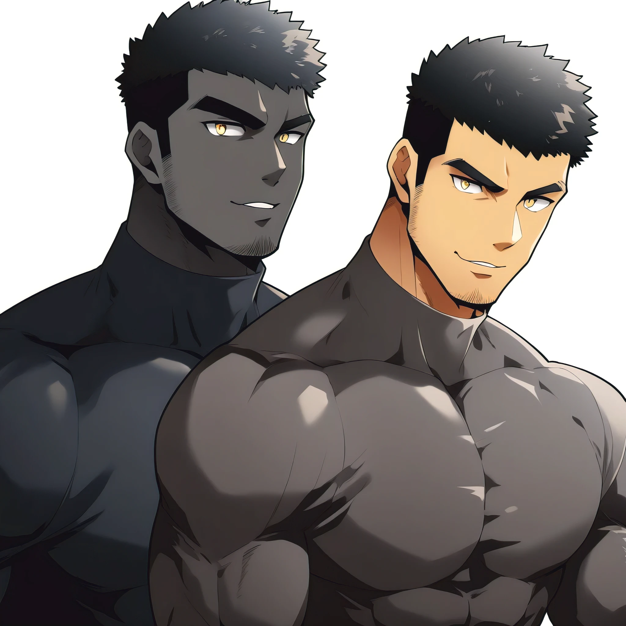 one negro, anime characters:Gyee, Hibino Kafka, Muscle Sports Student, negro black skin, Very Black, muscular tough guy, Manliness, male focus, Grey long sleeve turtleneck tight t-shirt, Regular symmetrical pattern, Very tight, muscular male, muscular, only, Upper body, alone, Black short hair, Thick eyebrows, stubble, Yellow eyes, White background, simple background, amazing quality, best aesthetics, Ridiculous, bright pupils, crew cut, parted lips, seductive smile, torogao, naughty face, best quality