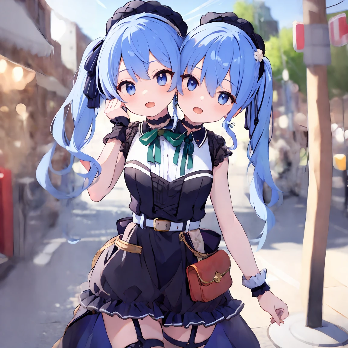 (masterpiece, best quality), best resolution, 16k, BREAK, close-up, BREAK, (3heads:1.5), (cheek-to-cheek), 1girl, solo, BREAK, HoshimachiSuisei, side ponytail, blue hair ribbon, SuiseiStreet, long hair, half updo, black beret, black dress, collared dress, sleeveless, bow earrings, lace choker, neck ribbon, black belt, orange pantyhose, o-ring thigh strap, single garter strap, BREAK, ((hand holding a wallet)), walking, BREAK, ((eyes up looking sideways:1.3)), BREAK, surprised, frustrating, open mouth, BREAK, city, Shopping Street, street vendor, BREAK, morning