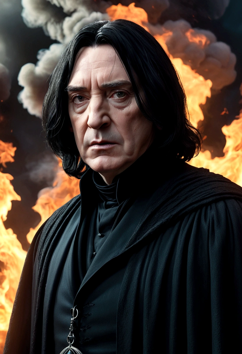 severus snape, detailed portrait, dark wizard, flowing black robes, grim expression, smoldering ruins, london on fire, billowing smoke columns, darkened sky, dramatic lighting, moody atmosphere, cinematic, 8k, photorealistic