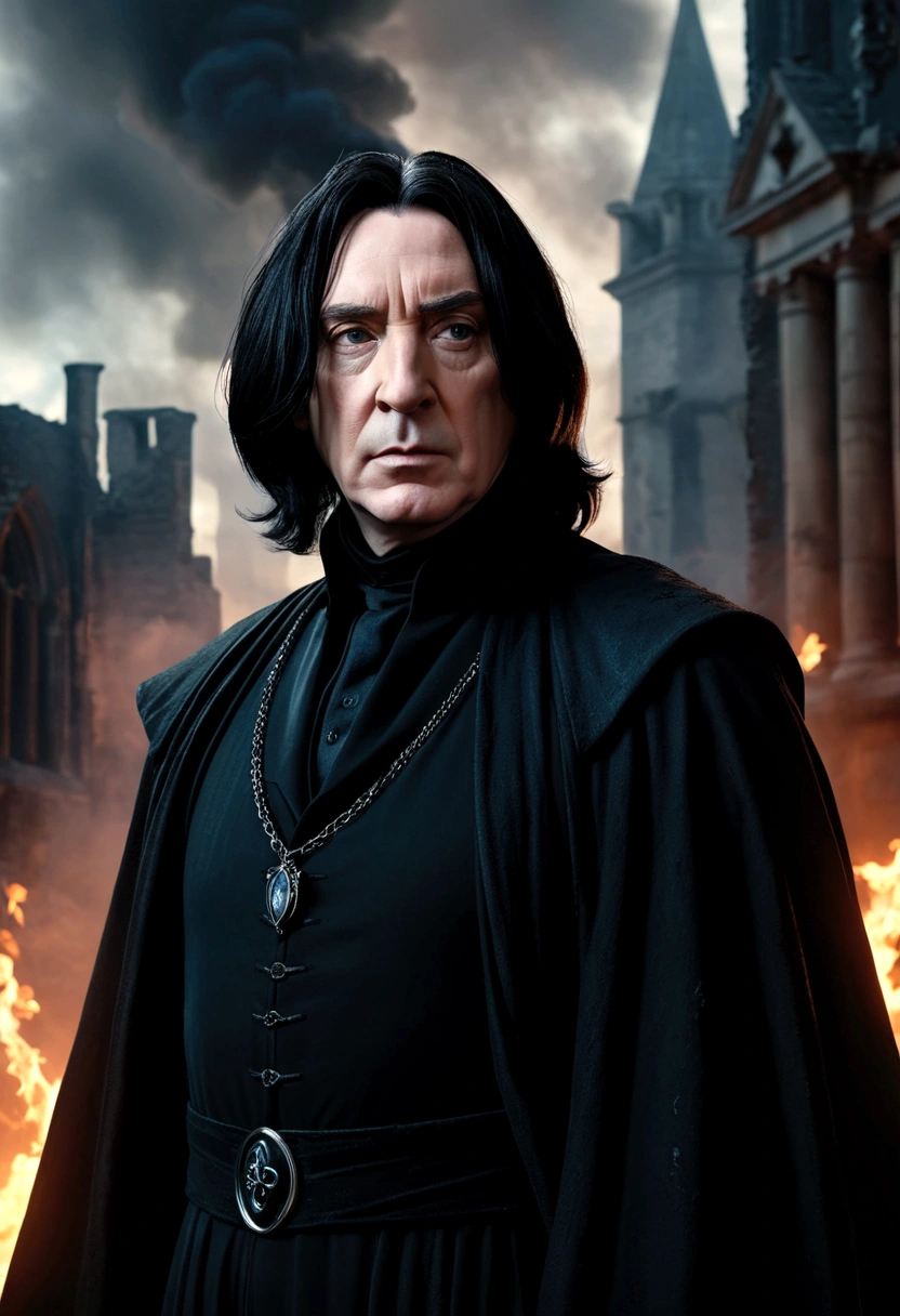 severus snape, detailed portrait, dark wizard, flowing black robes, grim expression, smoldering ruins, london on fire, billowing smoke columns, darkened sky, dramatic lighting, moody atmosphere, cinematic, 8k, photorealistic
