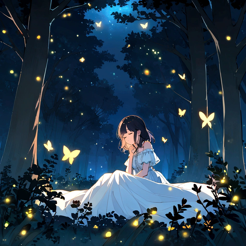 A serene night scene in a dense forest with tall, dark trees creating a natural canopy. In the foreground, a young woman with long, dark hair is sleeping peacefully on a white mattress that blends seamlessly with the forest floor. She is dressed in a loose, white off-shoulder blouse and black pants, resting on her side with her hands gently clasped near her face. The scene is illuminated by the soft, ethereal glow of numerous fireflies and butterflies that surround her, casting a magical light across the environment. The dark blue sky with scattered stars is visible through the tree canopy, adding to the mystical atmosphere. The overall mood is tranquil and dreamlike.