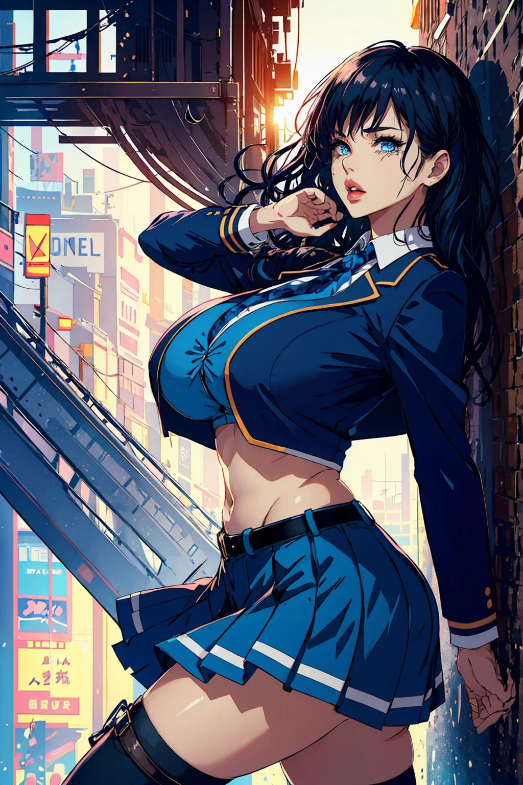 masterpiece, best quality, illustration, Super detailed, fine details, High resolution, 8K,wall paper, perfect dynamic composition,(Details High quality, realistic depiction of eyes:1.3), from side, High School Classroom、High school girl uniform、blazer 、Super Short Check Uniform Skirt、Navy blue high socks、garterbelts、Colossal 、Disturbed uniform,  straight hair, black hair color, huge breasts, Big Natural Color Lip, bold sexy pose, (perfect body shape), crying a little、Harajuku style、20 year old girl、 beautiful legs, hposing Gravure Idol, Voluptuous thighs