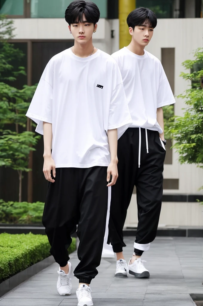 A seoul young men, slim. wearing oversize white T shirt then black jogger pants, full body, black short cut, garden