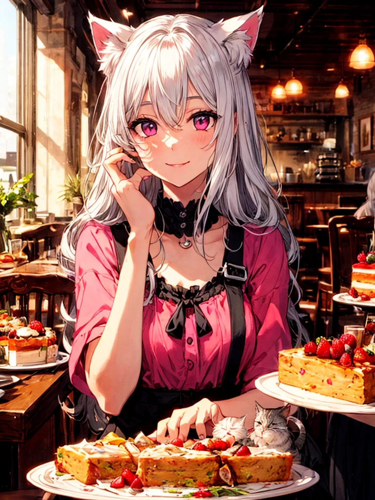 Highly detailed face,fine grain,Highlighted eyes, medium breasts ,pretty girl, smile shyly,Cat ear,Beautiful silver hair,Pink inside,Beautiful pink eyes,shiny skin, beautiful shadow,
Close-up of face, Cafe,cake