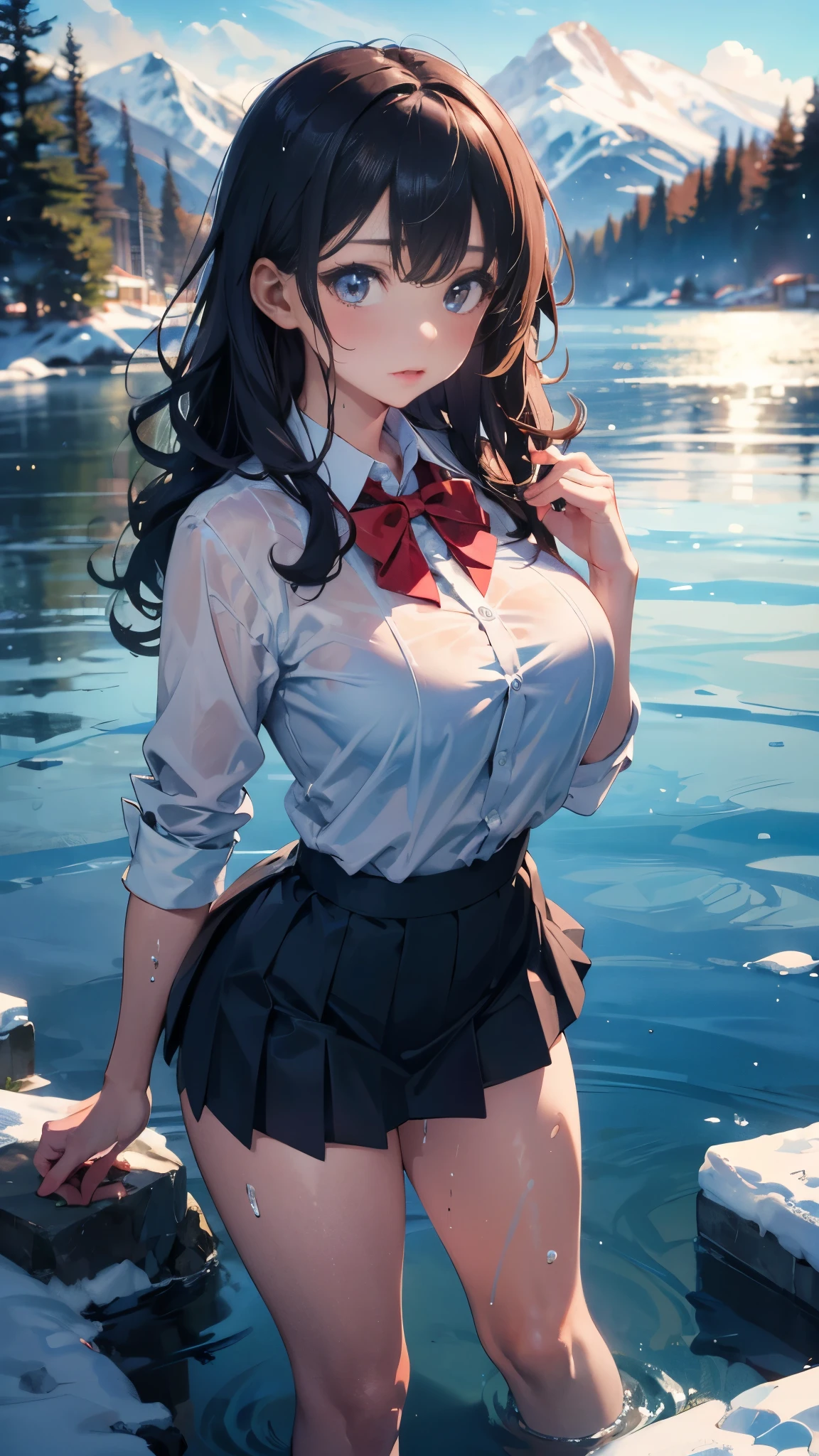 illustration：Ultra-delicate，A woman，White collar shirt，Red bow tie，Black pleated mini skirt，Beautiful legs，Wavy Hair，Big super big breasts，Frozen lake in the background，Clothes are wet，shy，Underwear in hand