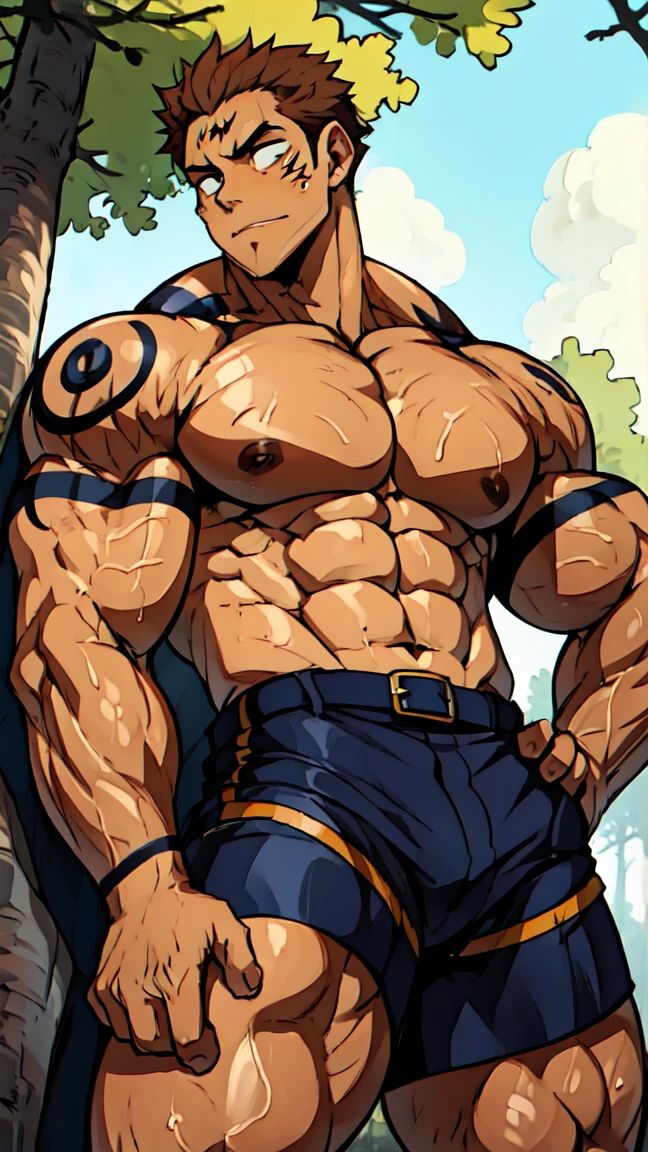 Youthful feeling，( Tattoo),(Thick body hair)，Upper body，(He was wearing baggy shorts，Revealing his length, muscular, hairy)，（Leaning against a tree),(For the audience) ，(Put his hands on his waist)， (Focus on your audience) ，(There is a huge bulge in the area)，sideways，Sharp eyes，(Thick dark brown hair)，(Bottom-up view)，Broad shoulders，Muscles protrude a lot，Highest image quality，cartoon ，Anime Wallpaper，Chest muscle expansion，spread your legs，Sexy,(main part, best quality)，((Exaggerated muscle bulge))，The protagonist is tall，muscular and bulky, muscular characters, Awesome and cool, tall and muscular, muscular!!, Very strong, muscular attractive men, Huge muscles, Big Muscle, Muscle Man, Anime handsome man, muscular!, Giant muscles, muscular bodies，(canto da foto de baixo para cima) (imagem da mais alta qualidade) ，Close-up photos，Lion man ,real, jovem, , vestindo shorts, virilha saliente, imagem de anime, Leaning against a tree, pernas bem abertas, male face, bonito rosto jovem, cabelo subcortado, huge muscle muscles of the chest, large strong thigh muscles, Biceps Sinewy muscles, Corpo enorme, corpo tonificado devido ao treinamento intenso, Well-developed muscles, ABS transparente de 8 embalagens, 3 metros de altura, topless, , pele brilhante, rede de suor pingando, （hands on thighs）, bare feet, Sem barba，Thick Legs，