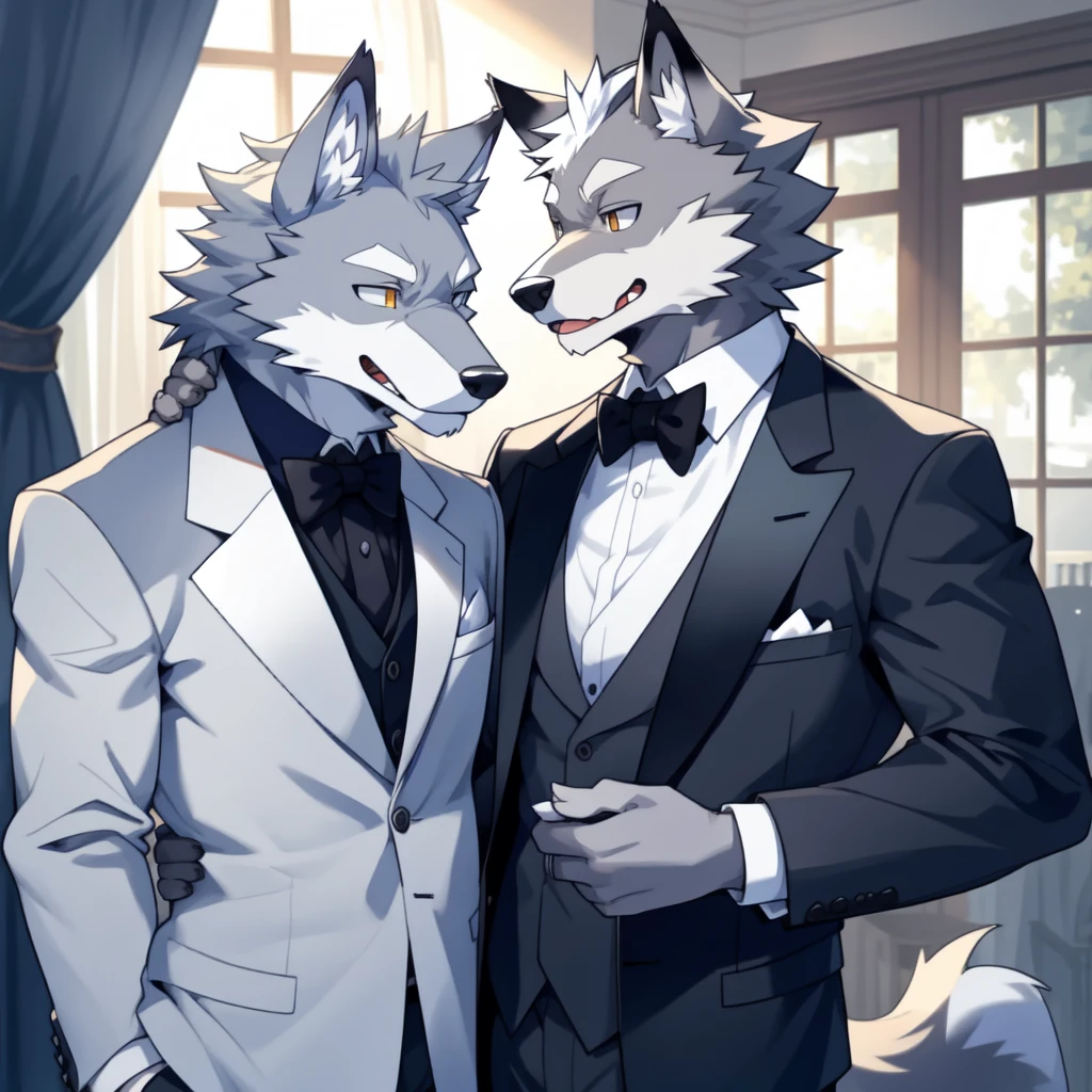 a handsome furry wolf, grey fur, cute, rich, formal clothes