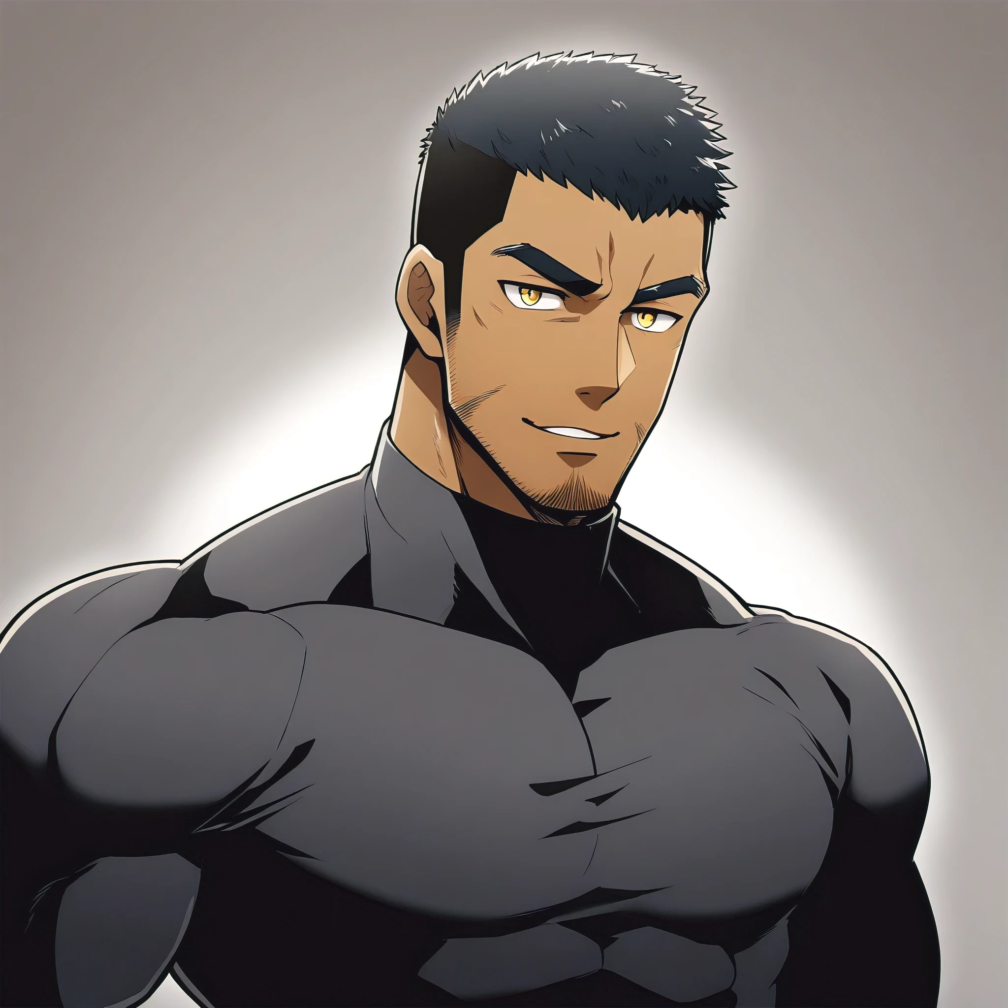 one negro, anime characters：Gyee, Hibino Kafka, Muscle Sports Student, ????? black skin, Very Black, muscular tough guy, Manliness, male focus, Grey long sleeve turtleneck tight t-shirt, Regular symmetrical pattern, Very tight, muscular male, muscular, only, Upper body, alone, Black short hair, Thick eyebrows, stubble, Yellow eyes, White background, simple background, amazing quality, best aesthetics, Ridiculous, bright pupils, crew cut, parted lips, seductive smile, torogao, naughty face, best quality