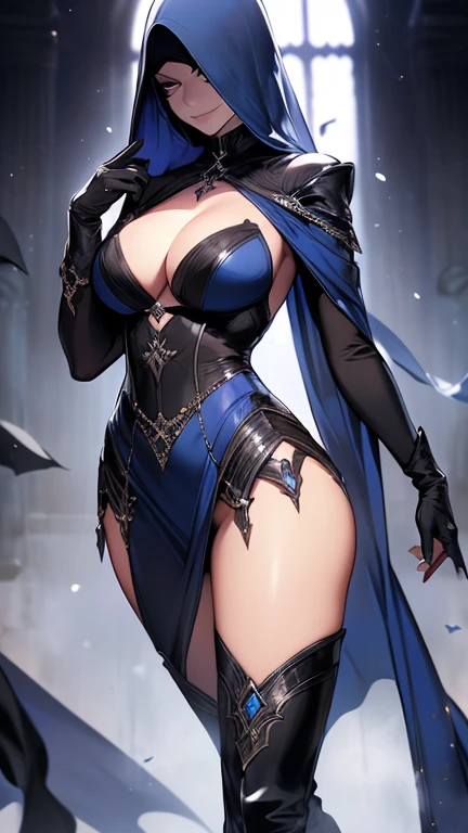 Mature Woman,(Face Veil,Long gloves,Thigh-high boots),(Detailed Description, High resolution,8k wallpaper,masterpiece,Highest quality,Depth of region,Anatomically accurate depiction),((Blue-skinned dark elf,assassin)),((Wicked Smile)), (From above:1.1),eyelash, Beautiful Eyes,Perfect body, Thick thighs, Wide Hips,Mysterious Lips, Shadow, Villainess,latex,There is cleavage in the chest,lure,Nice hands, Perfect Fingers,(Gesture to invite a man),(A face with attention to detail, Eye for detail),({side view},1.4)