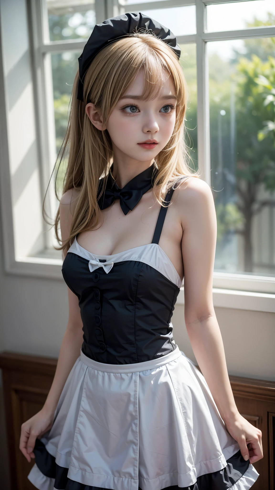 anime character dressed in Maid outfit standing in front of a window, anime girl in a Maid costume, Maid outfit, gorgeous Maid, Maid, Beautiful and detailed art, Maid dress, Slender body line, Small and slender figure, Small beautiful butt, (anime cat girl in a Maid costume), in dress, a Maid in a magical forest, Catboy Cosplay! Maid! dress, From Girls Frontline, wearing Maid uniform, (((かわいいMaidのポーズ))), (Detailed hands:1.1), (Detailed eyes and face:1.2), (Perfect Anatomy:1.3), ((Blonde Hair:1.2)), (Beautiful breasts), ((Costumes that emphasize breasts:1.2)), flower pot, ribbon, Nice eyes, Beautiful Skin, (Beautiful Face, Baby Face:1.2, Idol Face), Slender body line, Small and slender figure, (Highest quality, 8k, masterpiece:1.2), Ultra-detailed, (Reality:1.4), Narrow waist,