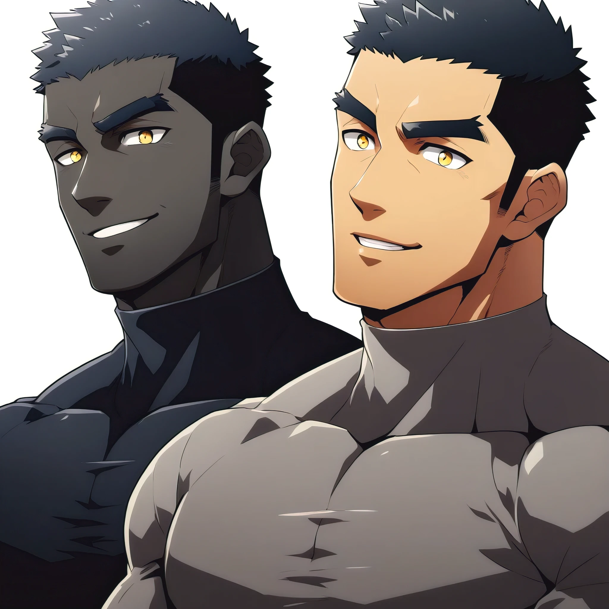 one negro, anime characters：Gyee, Hibino Kafka, Muscle Sports Student, negro black skin, Very Black, muscular tough guy, Manliness, male focus, Grey long sleeve turtleneck tight t-shirt, Regular symmetrical pattern, Very tight, muscular male, muscular, only, Upper body, alone, Black short hair, Thick eyebrows, stubble, Yellow eyes, White background, simple background, amazing quality, best aesthetics, Ridiculous, bright pupils, crew cut, parted lips, seductive smile, torogao, naughty face, best quality