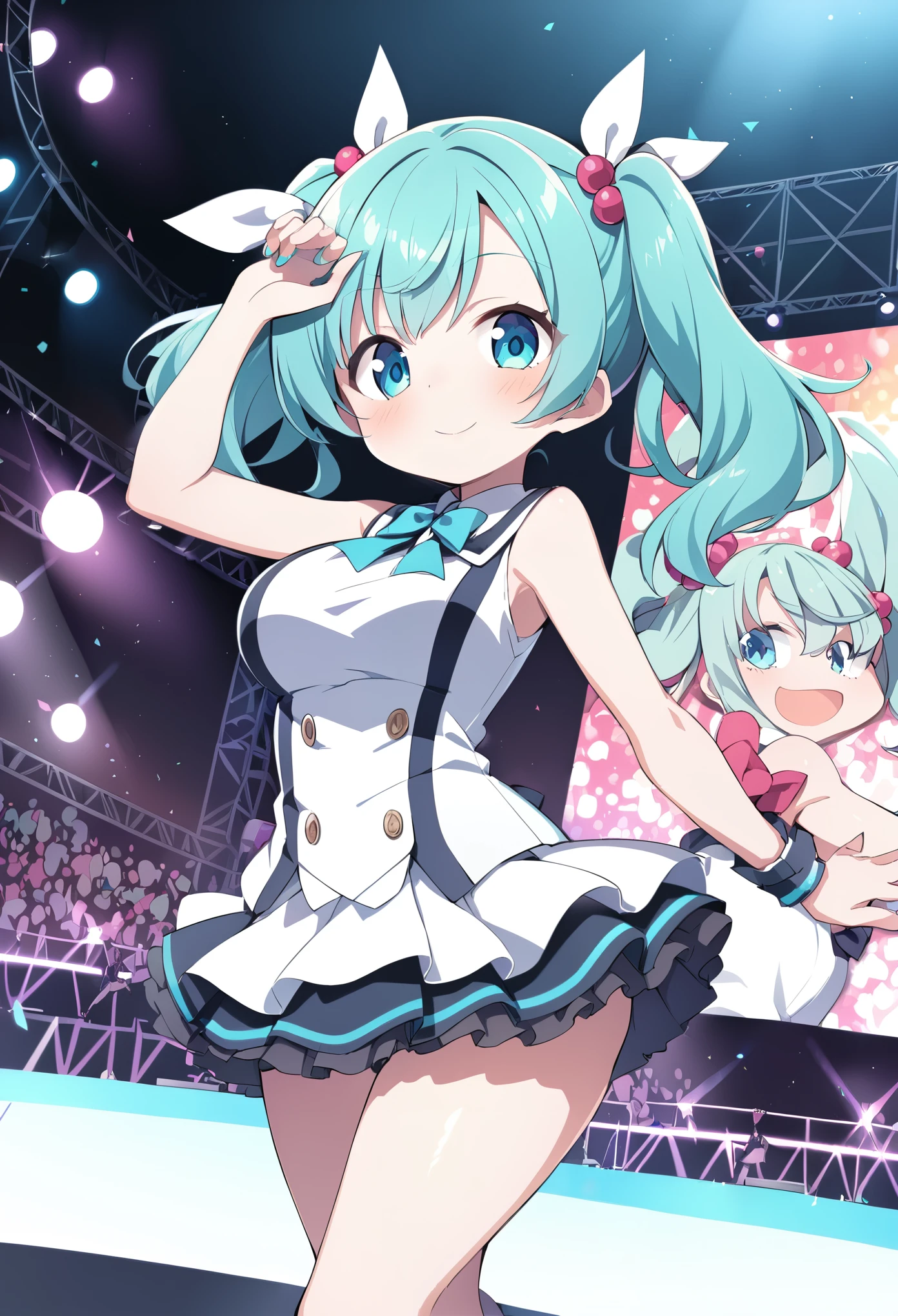 maria, twintails, hair ornament, aqua hair, hair bobbles, short hair, aqua eyes,ars old, large breasts, live stage, solo,