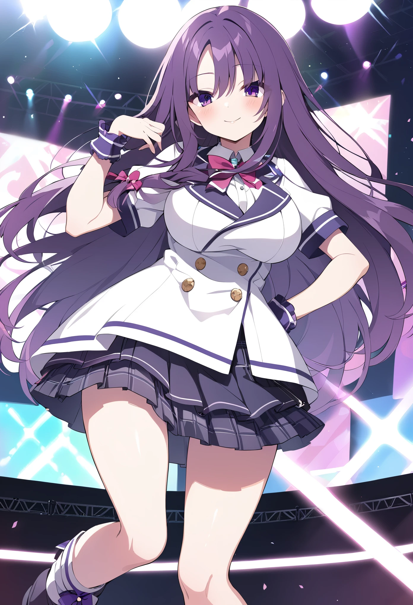 misaki, long hair, purple hair, purple eyes, 16years old,, large breasts, live stage, solo,