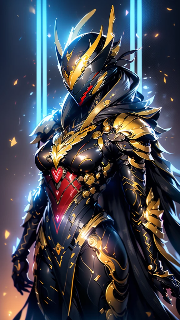 A woman adorned in fantasy-style full-body armor, a crown-concept fully enclosed helmet that unveils only her eyes, a composite layered chest plate, fully encompassing shoulder and hand guards, a lightweight waist armor, form-fitting shin guards, the overall design is heavy-duty yet flexible, (the armor gleams with a golden glow, complemented by red and blue accents), exhibiting a noble aura, she floats above a fantasy-surreal high-tech city, this character embodies a finely crafted fantasy-surreal style armored hero in anime style, exquisite and mature manga art style, (mixture of Queen bee and Spider concept Armor, plasma), ((Element, elegant, goddess, femminine:1.5)), metallic, high definition, best quality, highres, ultra-detailed, ultra-fine painting, extremely delicate, professional, anatomically correct, symmetrical face, extremely detailed eyes and face, high quality eyes, creativity, RAW photo, UHD, 32k, Natural light, cinematic lighting, masterpiece-anatomy-perfect, masterpiece:1.5