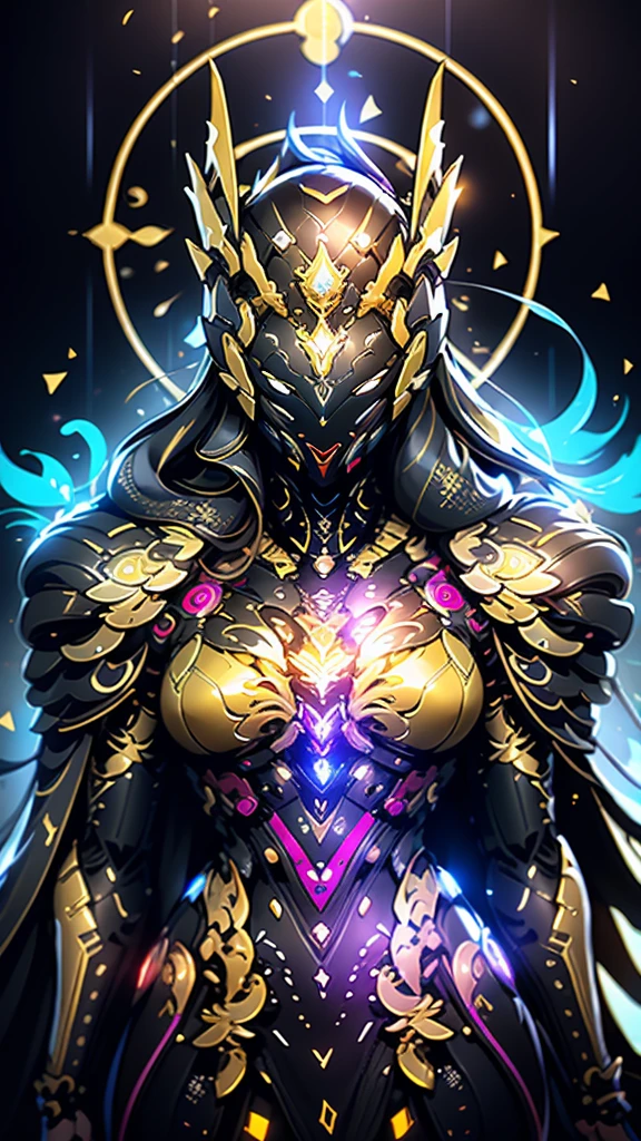 A woman adorned in fantasy-style full-body armor, a crown-concept fully enclosed helmet that unveils only her eyes, a composite layered chest plate, fully encompassing shoulder and hand guards, a lightweight waist armor, form-fitting shin guards, the overall design is heavy-duty yet flexible, (the armor gleams with a golden glow, complemented by red and blue accents), exhibiting a noble aura, she floats above a fantasy-surreal high-tech city, this character embodies a finely crafted fantasy-surreal style armored hero in anime style, exquisite and mature manga art style, (mixture of Queen bee and Spider concept Armor, plasma), ((Element, elegant, goddess, femminine:1.5)), metallic, high definition, best quality, highres, ultra-detailed, ultra-fine painting, extremely delicate, professional, anatomically correct, symmetrical face, extremely detailed eyes and face, high quality eyes, creativity, RAW photo, UHD, 32k, Natural light, cinematic lighting, masterpiece-anatomy-perfect, masterpiece:1.5