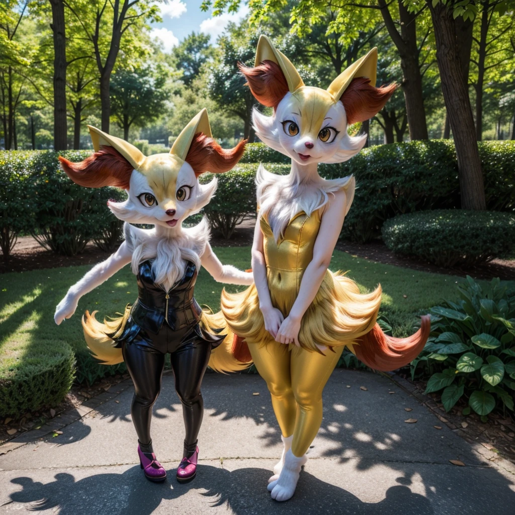 (ultra detailed), a beautiful and detailed full body photo of a very realistic kawaii Braixen suit. The Braixen kemono suit is made of glossy vinyl that gives it a shiny appearance, perfectly complementing the adorable smile on its face. The photo is taken outdoors by a park, where the cute Braixen strikes a pose that captures its playful and joyful nature. The suit has large limbs, which are intricately crafted with an incredible attention to detail.