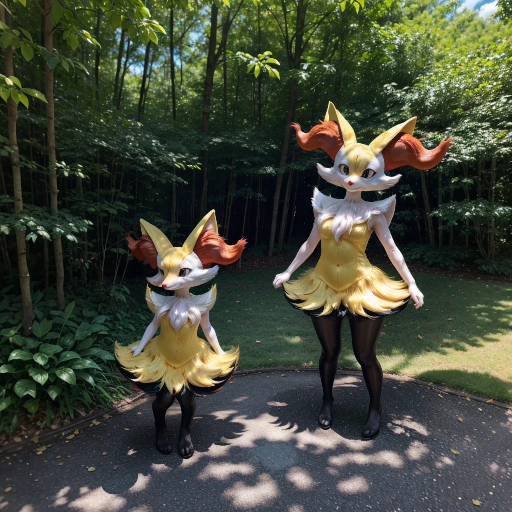 (ultra detailed), a beautiful and detailed full body photo of a very realistic kawaii Braixen suit. The Braixen kemono suit is made of glossy vinyl that gives it a shiny appearance, perfectly complementing the adorable smile on its face. The photo is taken outdoors by a park, where the cute Braixen strikes a pose that captures its playful and joyful nature. The suit has large limbs, which are intricately crafted with an incredible attention to detail.