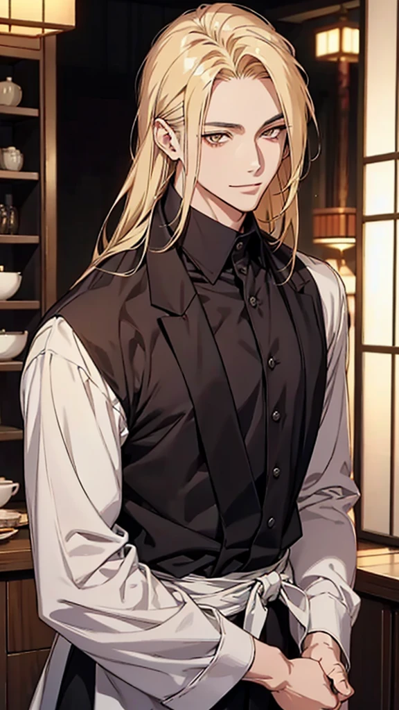 Japanese, Asian face, golden eyes, young man, blonde, waxed hair, shoulder length hair, medium length, asymmetrical, dress shirt, designer clothes, upper body, smiling