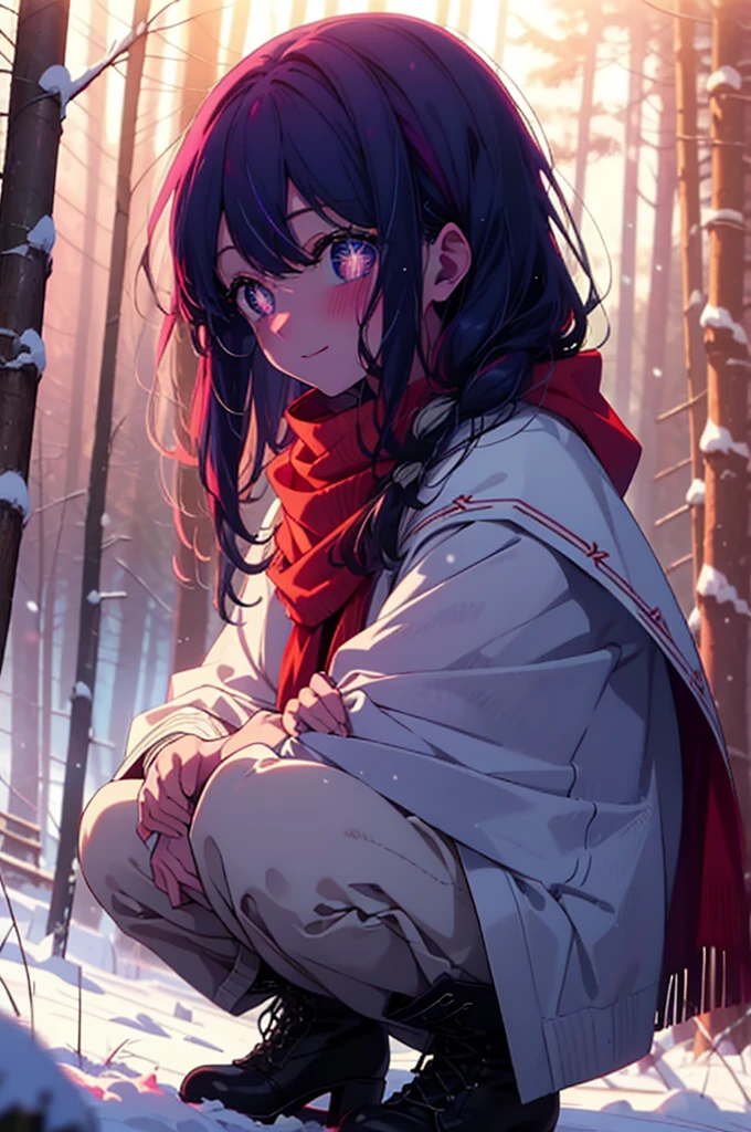 aihoshino, ai hoshino, Long Hair, bangs, (Purple eyes:1.1), Purple Hair, (Symbol-shaped pupil:1.5), smile,,smile,blush,White Breath,
Open your mouth,snow,Ground bonfire, Outdoor, boots, snowing, From the side, wood, suitcase, Cape, Blurred, , forest, White handbag, nature, Squat, Mouth closed, Cape, winter, Written boundary depth, Black shoes, red Cape break looking at viewer, Upper Body, whole body, break Outdoor, forest, nature, break (masterpiece:1.2), Highest quality, High resolution, unity 8k wallpaper, (shape:0.8), (Beautiful and beautiful eyes:1.6), Highly detailed face, Perfect lighting, Extremely detailed CG, (Perfect hands, Perfect Anatomy),