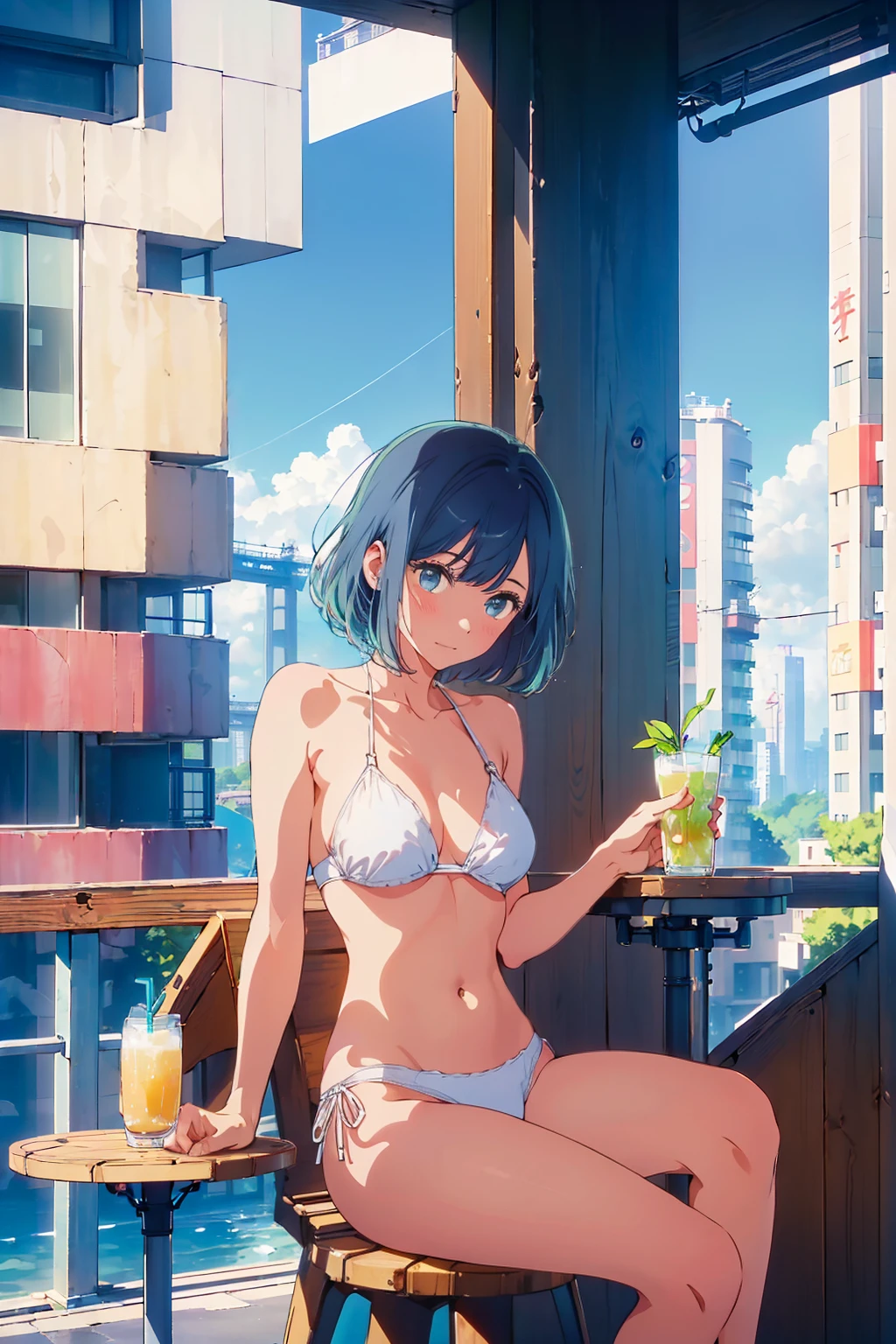 Highest quality,8k,detailed,F cup bust、Big Breasts、Very cute face、Slim and beautiful arms、Slim body、Best Beautiful Legs、Very white beautiful skin、((((1 person、smile、Thin white bikini、smile、sit、In the background are the urban buildings of Tokyo、Outdoor café terrace、Drink juice、Crossing your legs、coastal、Shooting from the side、table、Shooting from a distance))))、Very blue sky、A completely cloudless sky、The atmosphere is bright and lively、The woman is at the center of the image。