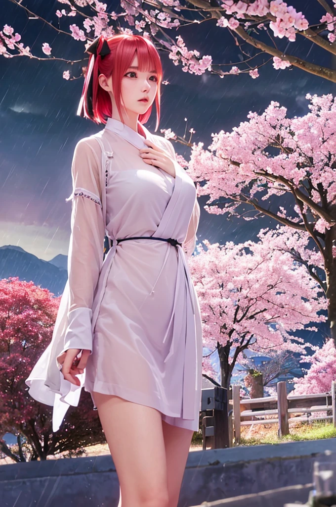 nino nakano, short hair, bangs, blue eyes, hair ornaments, Hair Ribbon, Pink Hair, blunt bangs, Both sides up, butterfly hair ornaments, skirt, No sleeve、、Random color see-through kunoichi costume、Japanese see-through female samurai costume、See-through female ninja costume,, Open clothes, Collared dress emphasizes cleavage、胸の谷間のSweat is noticeable,, 満開のcherry blossoms、cherry blossoms、Open-air bath、Outdoor、Professional lighting light reflection、 looking at viewer, (masterpiece:1.2), Highest quality, High resolution, unity 8k wallpaper, (figure:0.8), (Beautiful fine details:1.6), Highly detailed face, Perfect lighting, Highly detailed CG, (Perfect hands, Perfect Anatomy),heavy rain、heavy rainで全身びしょ濡れ、heavy rainで全身びしょ濡れの服、High heels、 ((Perfect handsの形))、(Perfect foot shape、Embarrassed expression blushing、、Gestures to seduce a man、Obscene pose、Shining Sweat、Perfect Skin,Sweat is noticeable、太もものSweat is noticeable、、 Fair skin,Tight waist, Sweating profusely、Sweaty hair、Sweaty clothes、Sweaty、Visible sweat、rain-wet hair