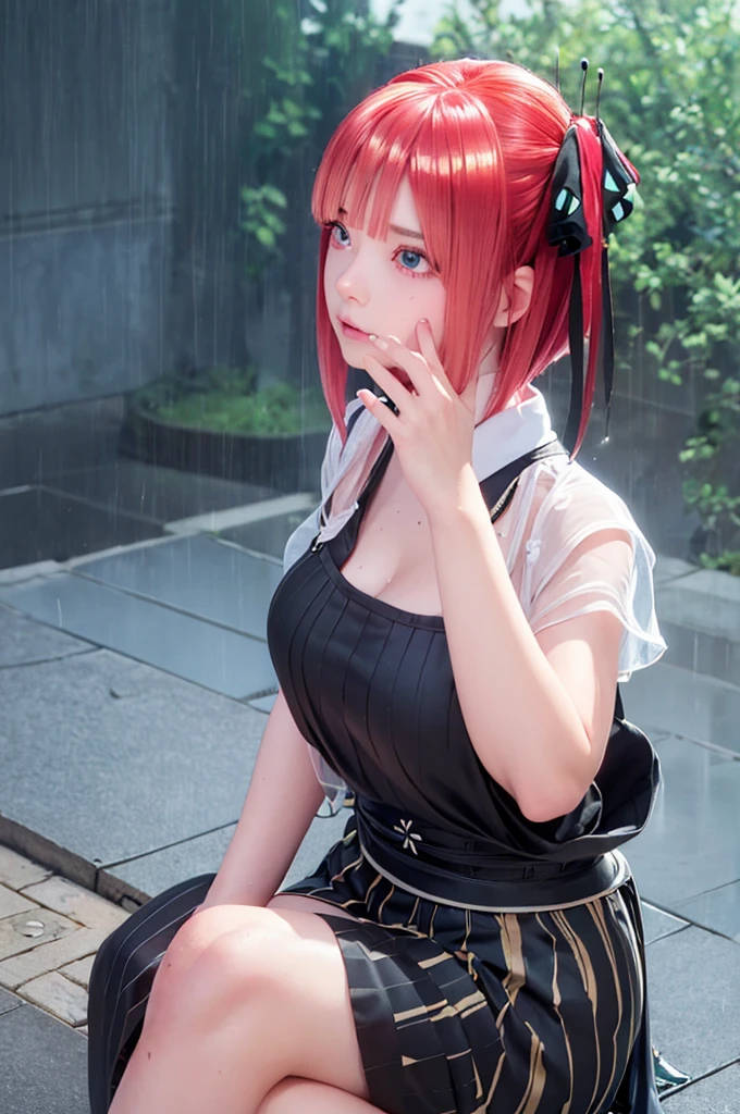 nino nakano, short hair, bangs, blue eyes, hair ornaments, Hair Ribbon, Pink Hair, blunt bangs, Both sides up, butterfly hair ornaments, skirt, Off the shoulder、Random color see-through kunoichi costume、Japanese see-through female samurai costume、、See-through female ninja costume,, Open clothes, Collared dress emphasizes cleavage、胸の谷間のSweat is noticeable,, 満開のcherry blossoms、cherry blossoms、Open-air bath、Outdoor、Professional lighting light reflection、 looking at viewer, (masterpiece:1.2), highest quality, High resolution, unity 8k wallpaper, (figure:0.8), (Beautiful fine details:1.6), Highly detailed face, Perfect lighting, Highly detailed CG, (Perfect hands, Perfect Anatomy),heavy rain、heavy rainで全身びしょ濡れ、heavy rainで全身びしょ濡れの服、High heels、 ((Perfect handsの形))、(Perfect foot shape、Sweet look、Gestures to seduce a man、Dynamic Pose、Shining Sweat、Perfect Skin,Sweat is noticeable、太もものSweat is noticeable、Knee socks、 Fair skin,Tight waist, Sweating profusely、Sweaty hair、Sweaty clothes、Sweaty、Visible sweat、rain-wet hair