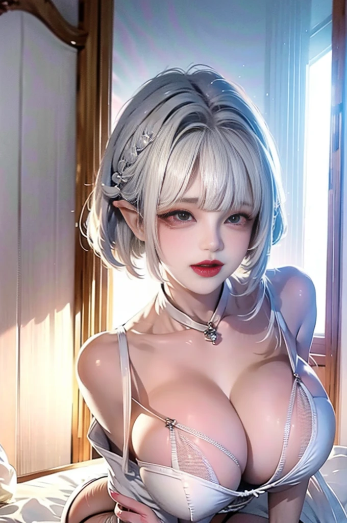 Jellyfish hairstyle,bishoujo, idol, short hair, white hair, silver hair, platinum blonde hair, ahoge, blunt bangs, disheveled hair, breasts, huge breasts, thong, sexy lingerie, spread legs, huge_ass, spread_ass, partially unbuttoned, show foot, pubic tattoo on underbelly, masterpiece, best quality, masterpiece,best quality,official art,extremely detailed CG unity 8k wallpaper,