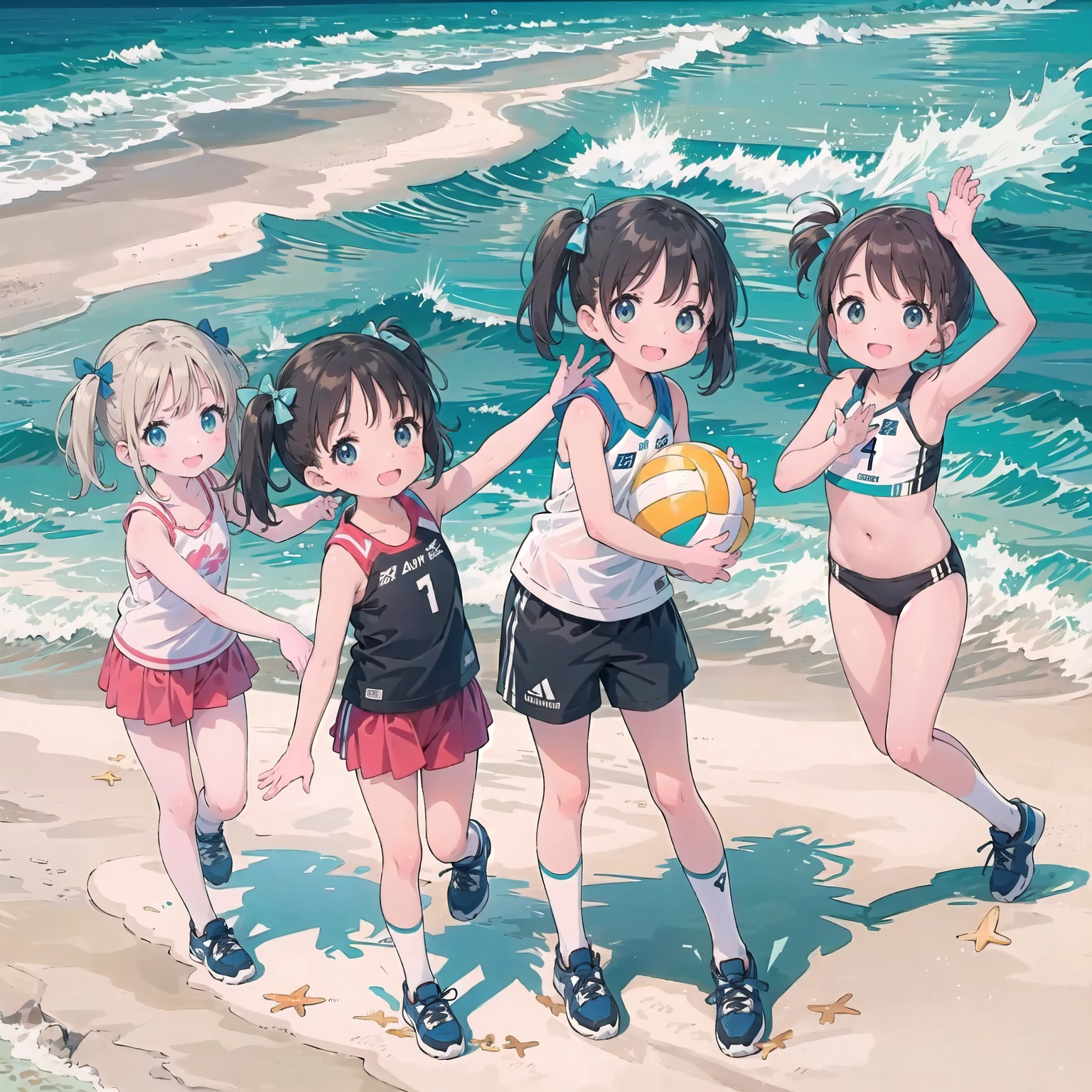 finely detailed illustration, best quality, masterpiece, vibrant color,8-year-old、pretty girl、Beach Volleyball、Happy smile、Beautiful background, Four Girls,