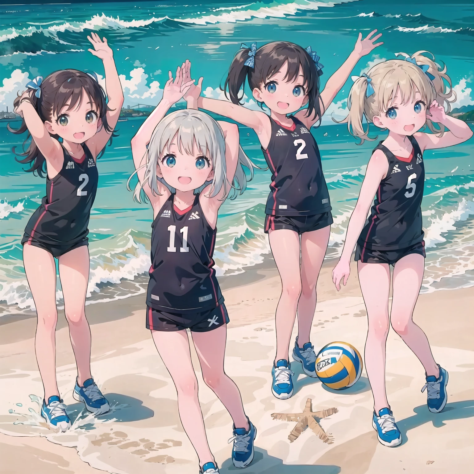 finely detailed illustration, best quality, masterpiece, vibrant color,8-year-old、pretty girl、Beach Volleyball、Happy smile、Beautiful background, Four Girls,