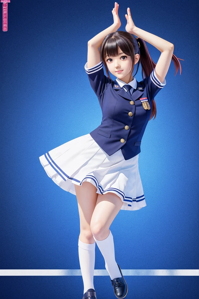 anime girl in uniform jumping with her hands up, anime moe artstyle, jk uniform, marin kitagawa fanart, !!full body portrait!!, fubuki, girl wearing uniform, kantai collection style, mihoyo art style, full body portrait of a short!, gapmoe yandere, anime maid  ss military, officer, yandere. tall, various pose