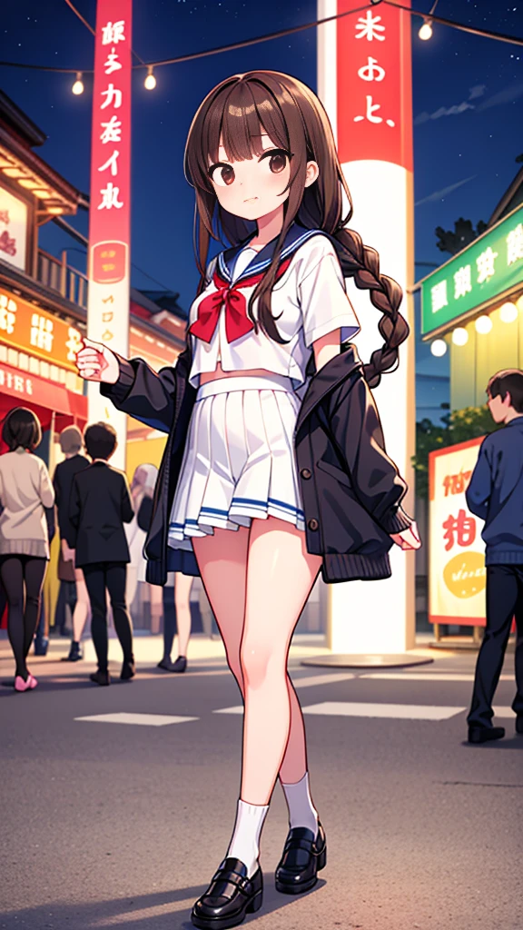 {Highest quality], [Super beautiful], [Ultra fine], [Best illustration], NSFW,Brown Hair,Hime cut,Braid,Clear,With bangs, girl,Sailor suit,knit cardigan,Short sleeve,skirt,Slender women,walk,(Public),Night Park,Summer festival,diagonal,Black Haiso,Black loafa,Sneer