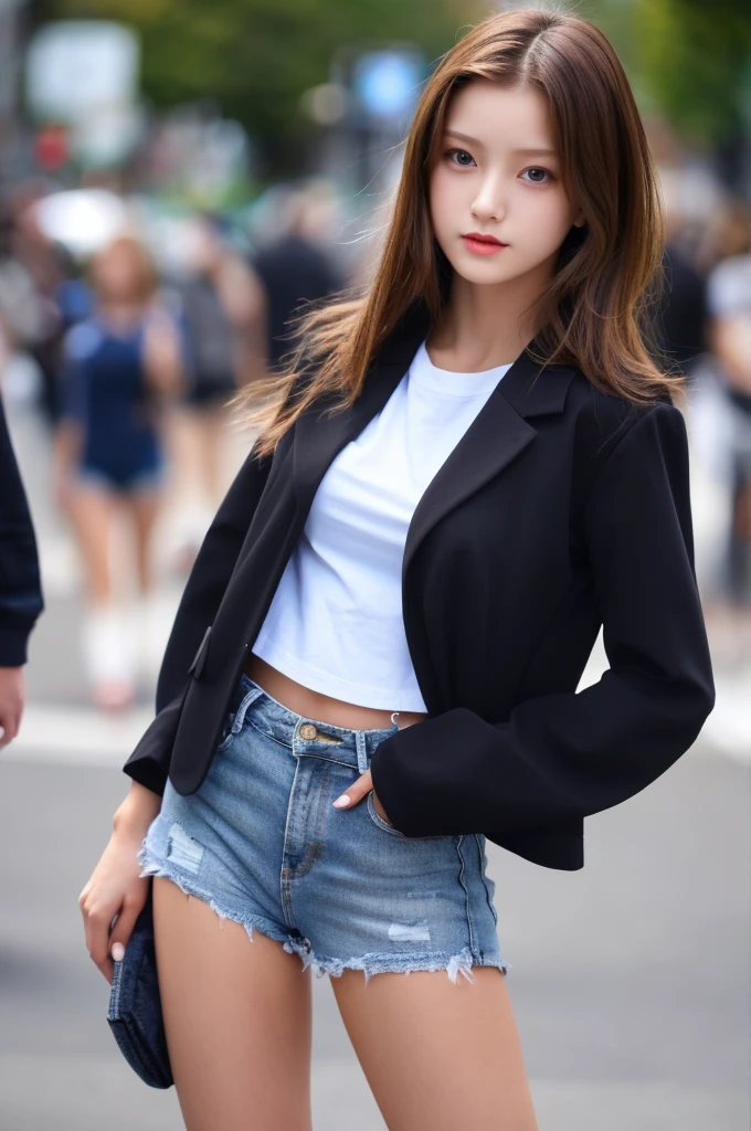 the most beautiful face of a  actress, perfect proportions of female body, black blazer is worn on female breasts with t-shirt, panties are seeable thanks to low rise denim shorts are too short, crotch between legs of a female, at street, standing, nsfw, best quality, highly detailed, masterpiece, ultra high res, photo realistic, 8k