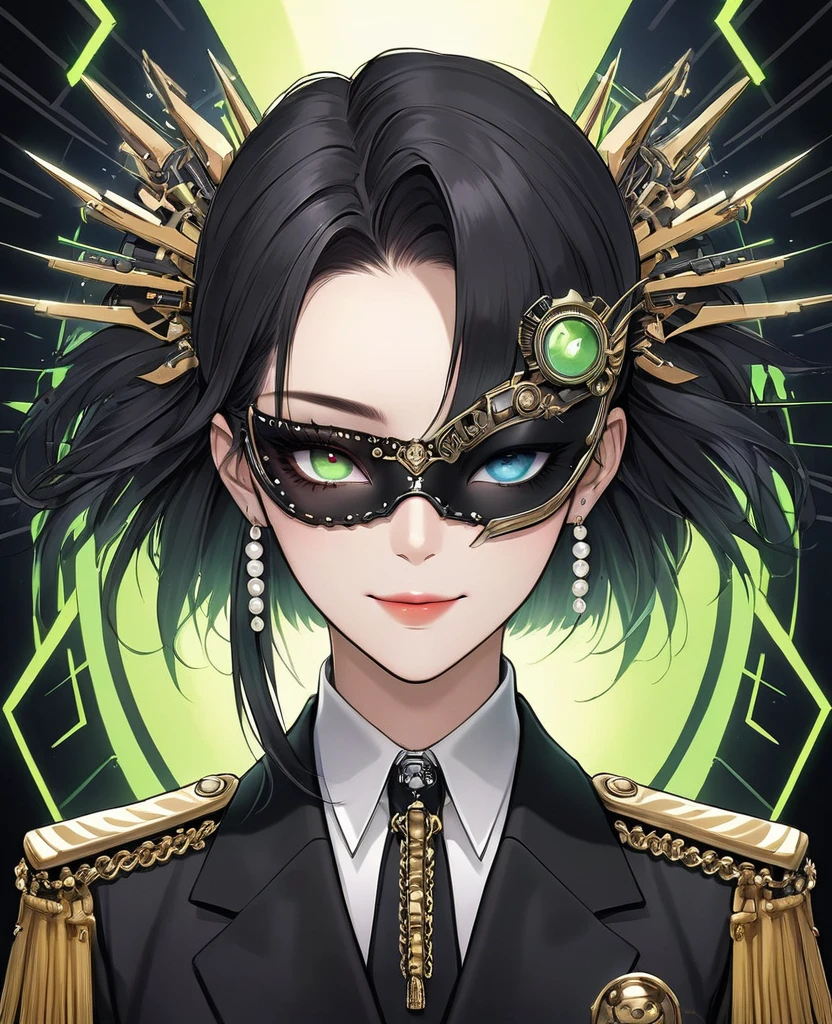 (Digital Illustration,Detailed anime style,Heavy Metal Cyberpunk,Pearl tassel eye mask,Girl wearing eye mask,out a hand,Solitary,symmetry),(Big colorful eyes,Fashionable and exquisite facial features,Exquisite makeup,Smooth skin,Smile,Soulful gaze,),(Hair Bunch),(Black suit,Epaulettes-Chain,cool,),(((Correct human anatomy))),Radioactive geometric dynamic light wave background
